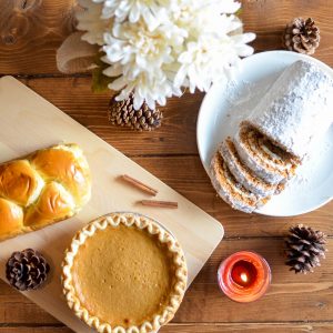 cake pie beside pine cones